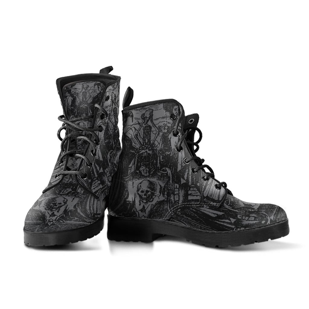 pair of the Holbein's Dance of Death wood cut on women's vegan leather boots