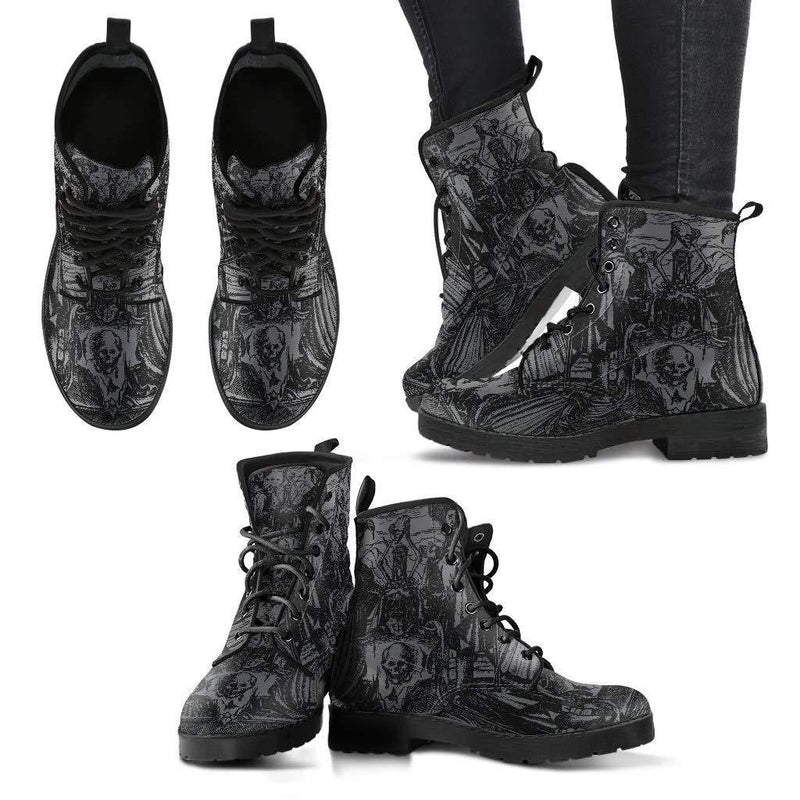 Holbein's famous woodcut Dance of Death on men's vegan leather boots multiple views