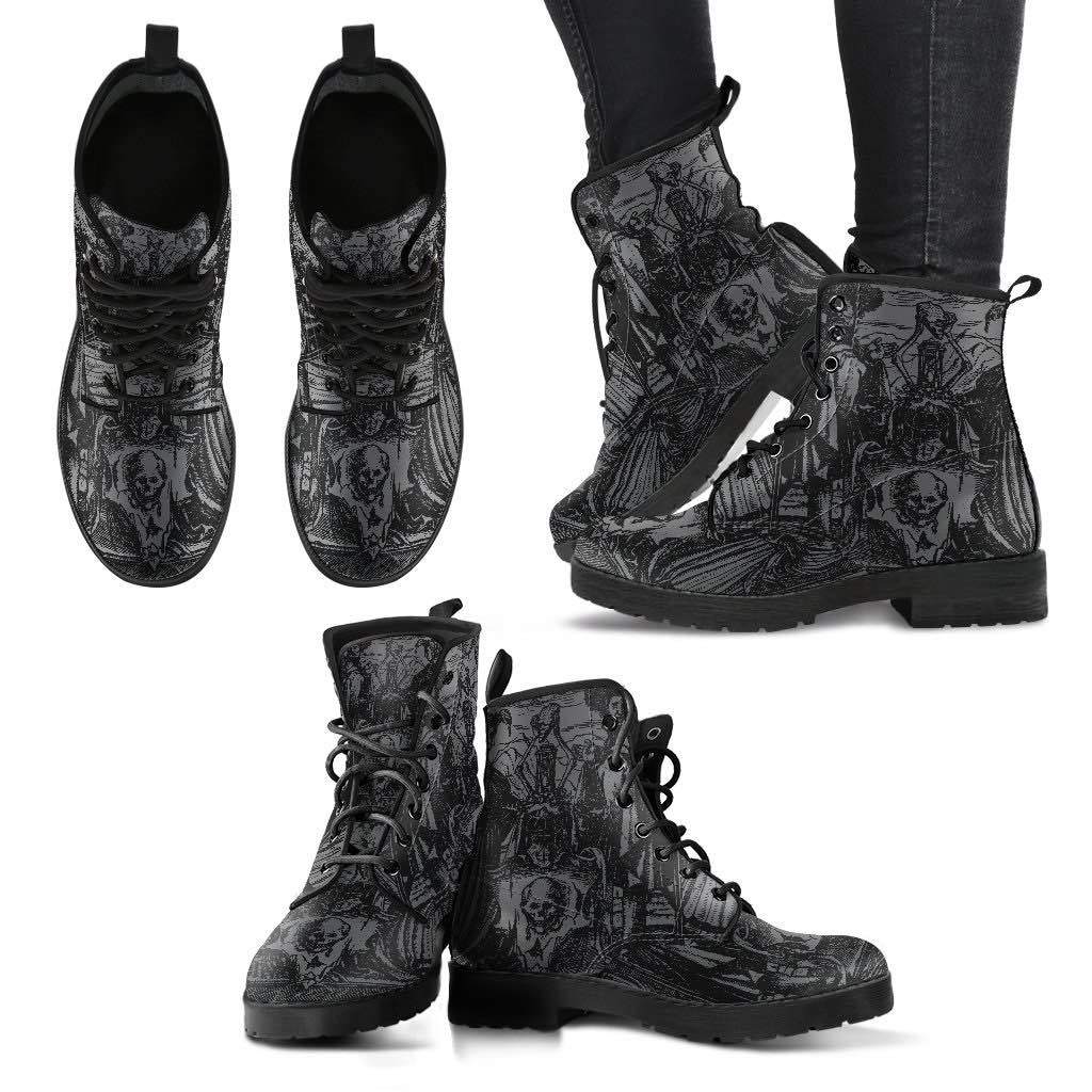 multiple views showing rounded toes of the Holbein's Dance of Death wood cut on women's vegan leather boots
