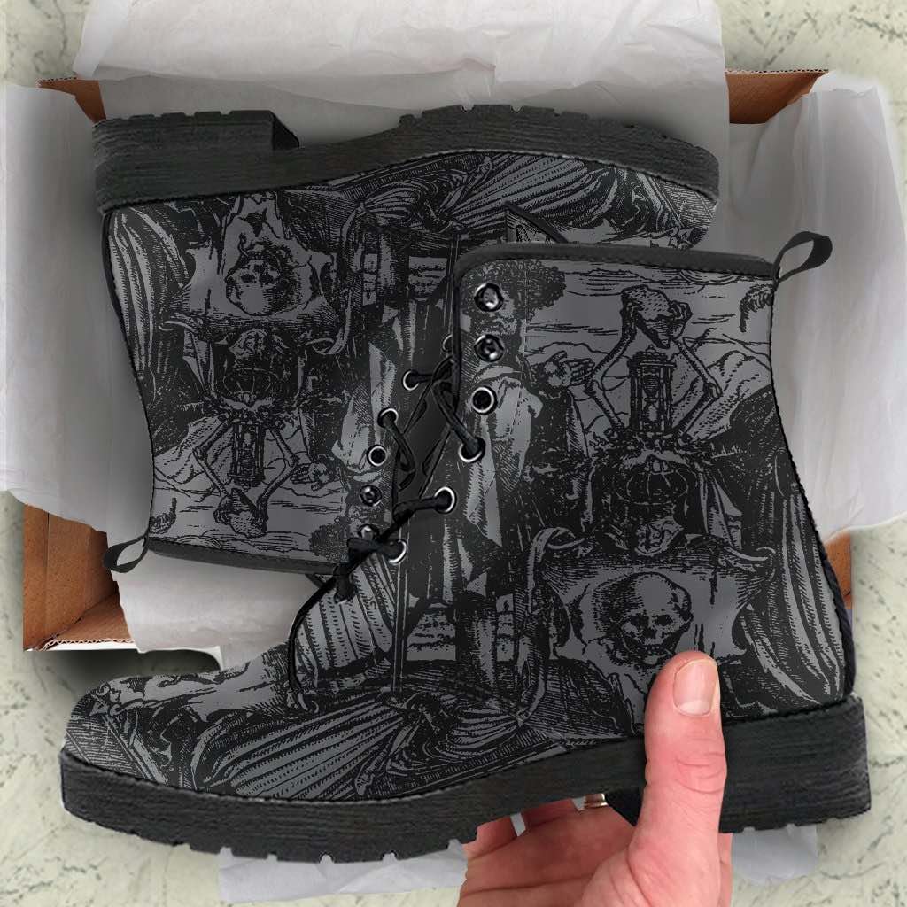 gift box view of the Holbein's famous woodcut Dance of Death on men's vegan leather boots