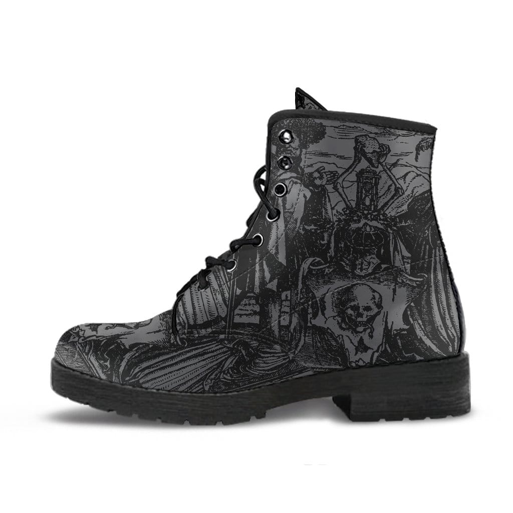 side view of the Holbein's Dance of Death wood cut on women's vegan leather boots