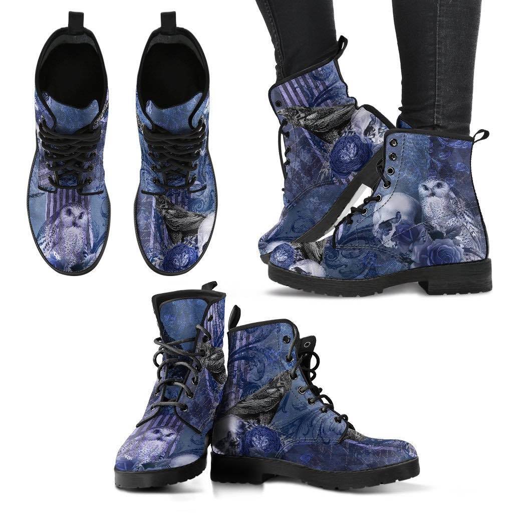 top and front views of the gothic owl raven skull blue memento vegan boots