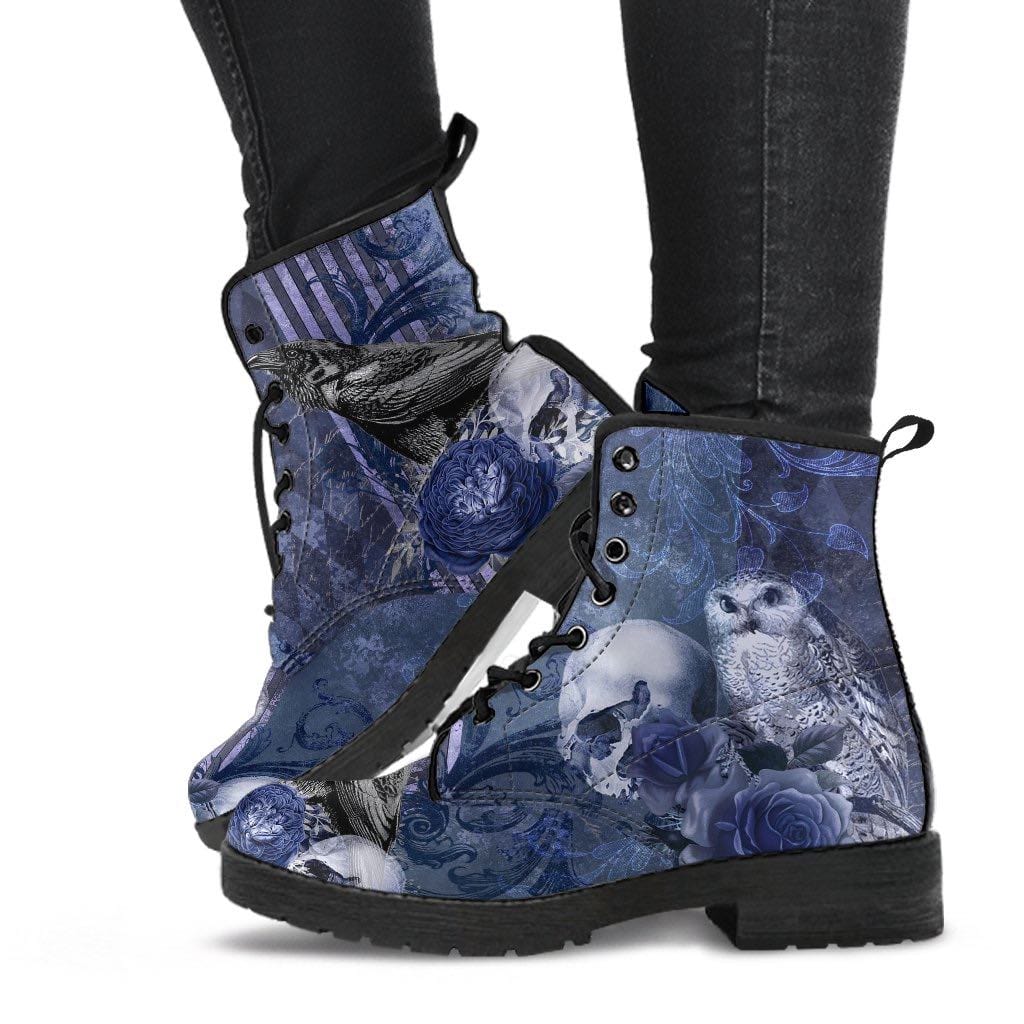 full size view of legs in the gothic owl raven skull blue memento vegan boots