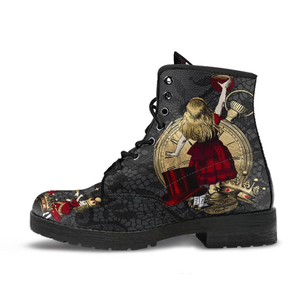 side up close view of the Red alice in wonderland on black gothic lace print vegan women's boots at Gallery Serpentine