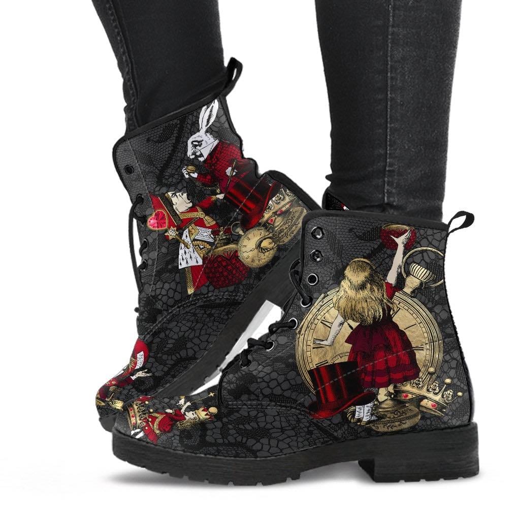 walking in the Red alice in wonderland on black gothic lace print vegan women's boots at Gallery Serpentine