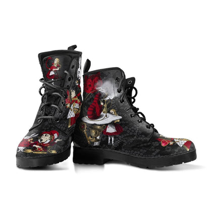 pair of the Red alice in wonderland on black gothic lace print vegan women's boots at Gallery Serpentine