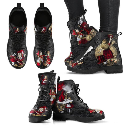 multiple views of the Christmas gift Red alice in wonderland on black gothic lace print vegan women's boots at Gallery Serpentine