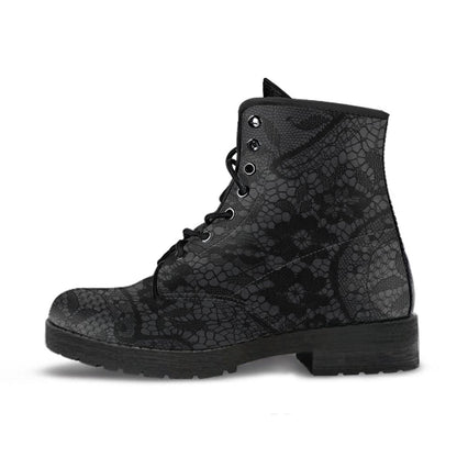 side view of the gothic black lace print on grey background vegan leather boot