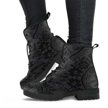 gothic woman walking in the gothic black lace print on grey background vegan leather boots