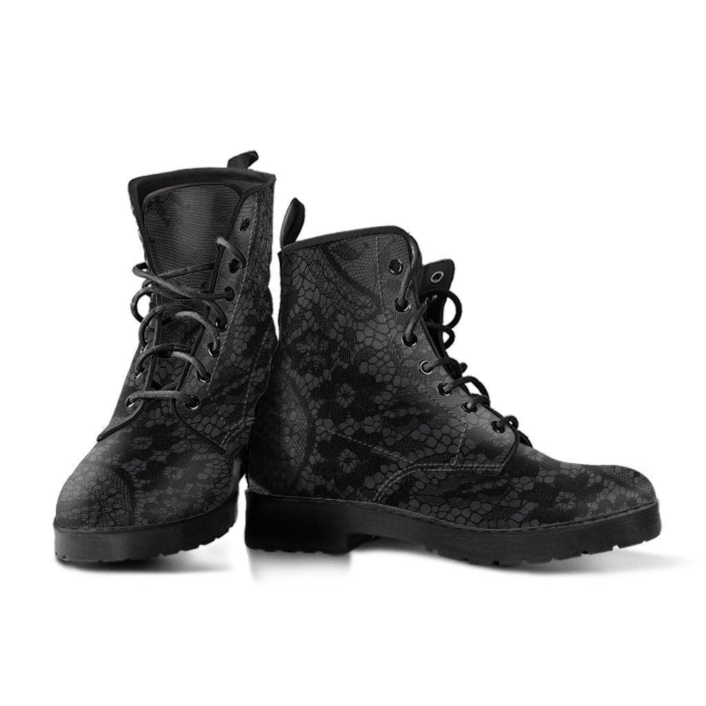 pair of the gothic black lace print on grey background vegan leather boots