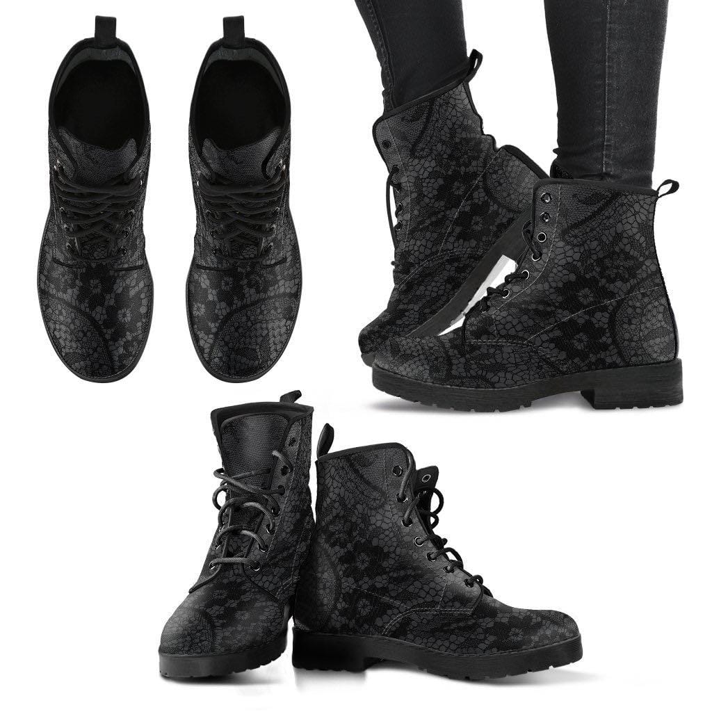 front & top views of the gothic black lace print on grey background vegan leather boots
