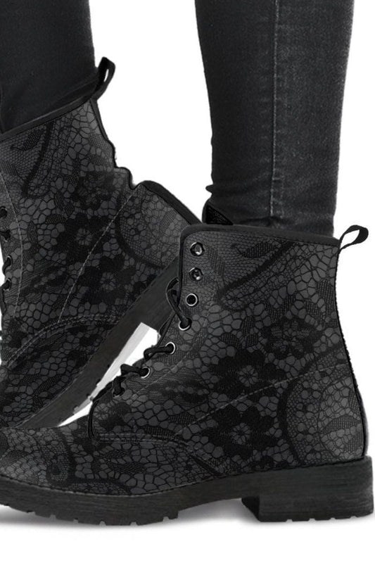 gothic black lace print on grey background vegan leather boots