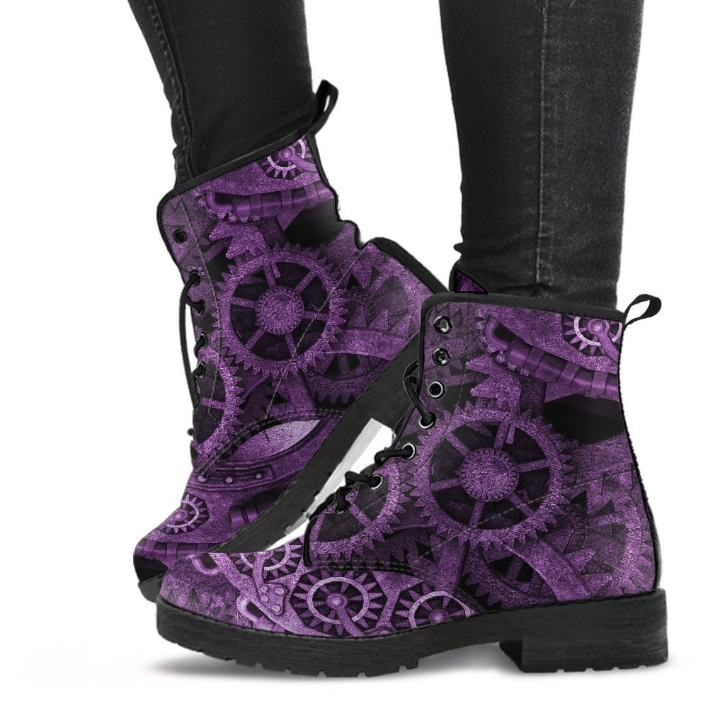 man walking in the purple steampunk art on vegan leather men's boots