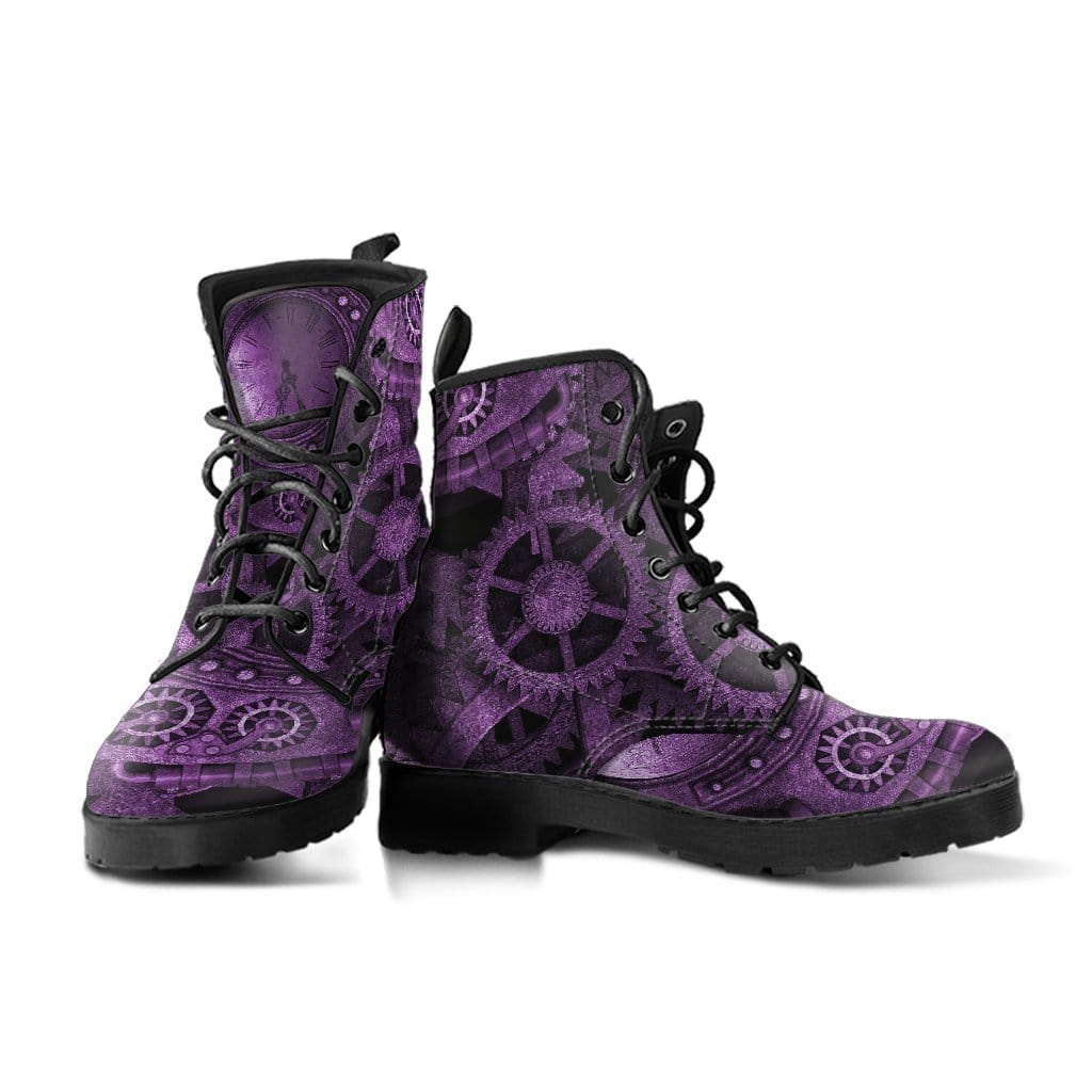 pair of partly unlaced purple steampunk art on vegan leather men's boots