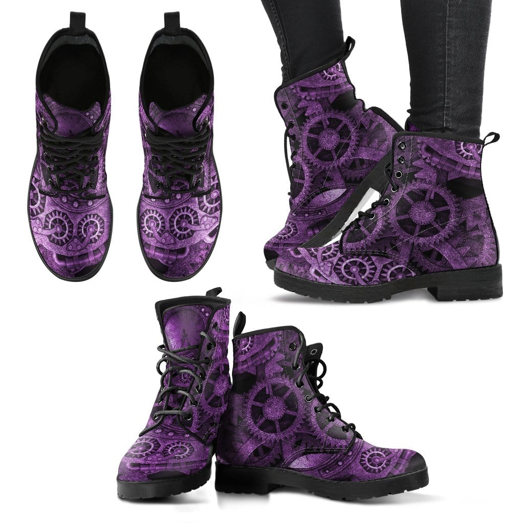 top view and side front views of the purple cogs & gears steampunk artwork on vegan leather women's boots
