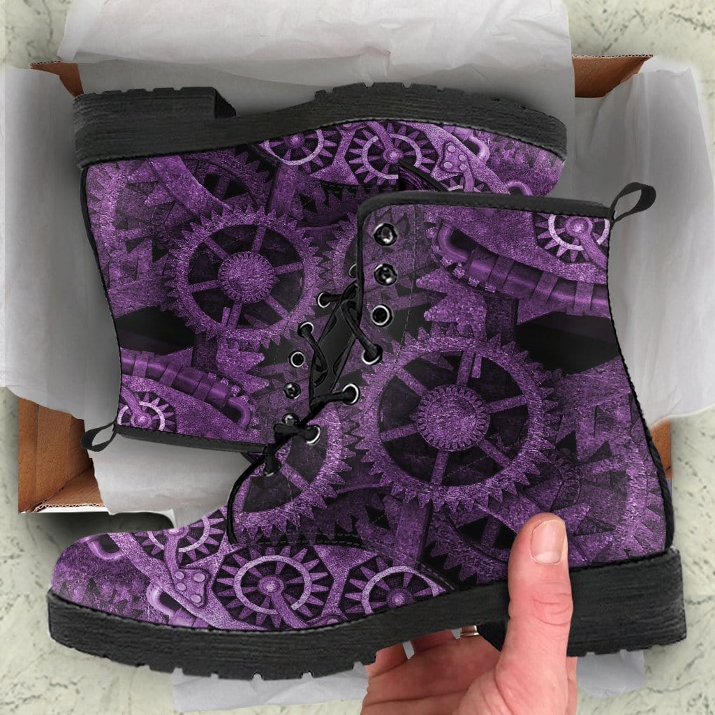 receiving the purple cogs & gears steampunk artwork on vegan leather women's boots as a Christmas gift