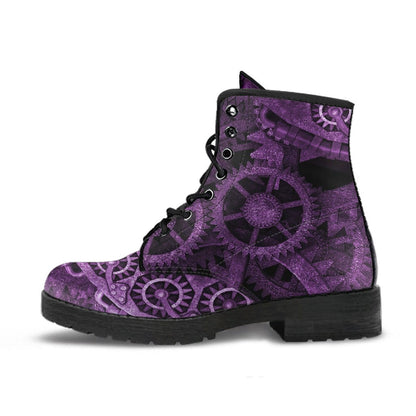 up close on the main cog of the purple cogs & gears steampunk artwork on vegan leather women's boots