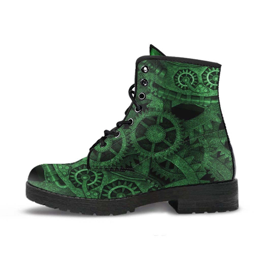close up on the alien green steampunk cogs & gears artwork from an antique alien spaceship now available on vegan leather boots
