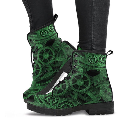 black legs walking in the alien green cogs and gears steampunk printed art boots