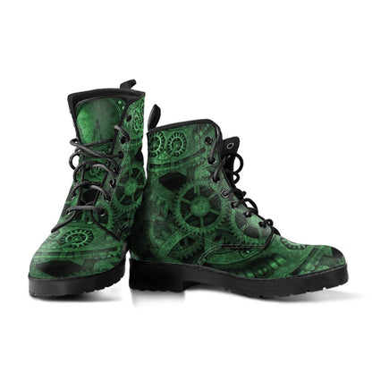 alien green steampunk cogs & gears artwork from an antique alien spaceship printed on vegan leather pair of boots