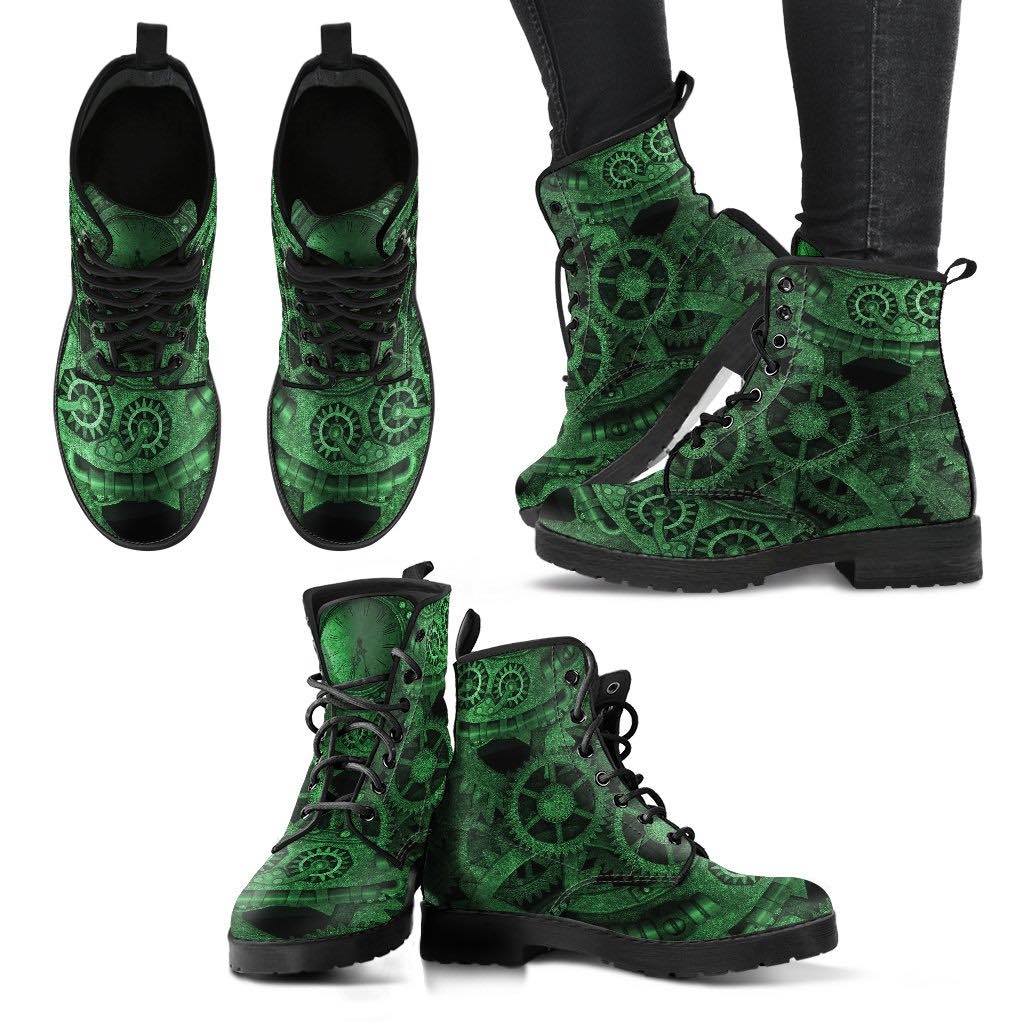 views showing the tops, sides and fronts of the alien green steampunk cogs & gears boots