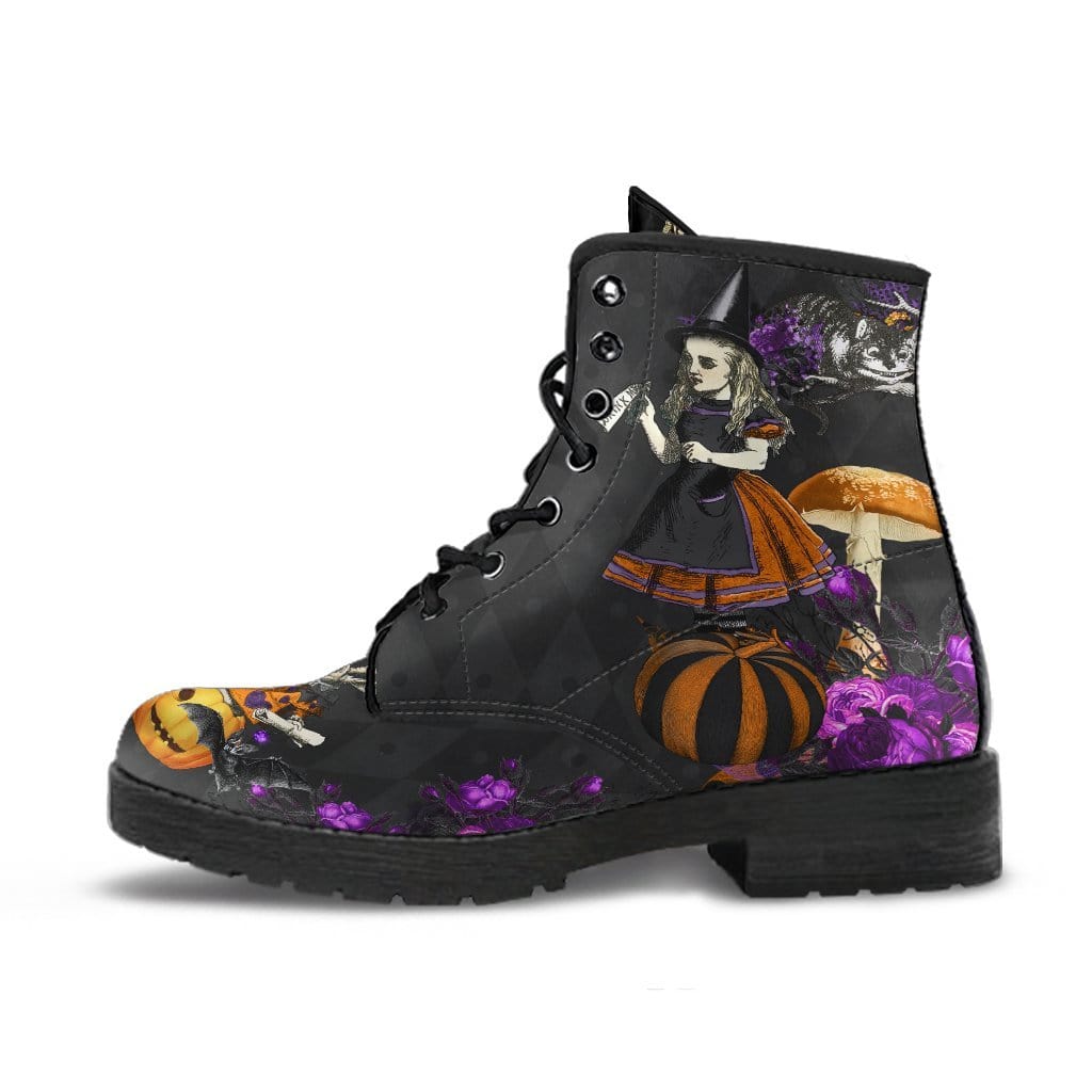 up close side view of the Alice in a gothic Halloween Wonderland vegan printed boots