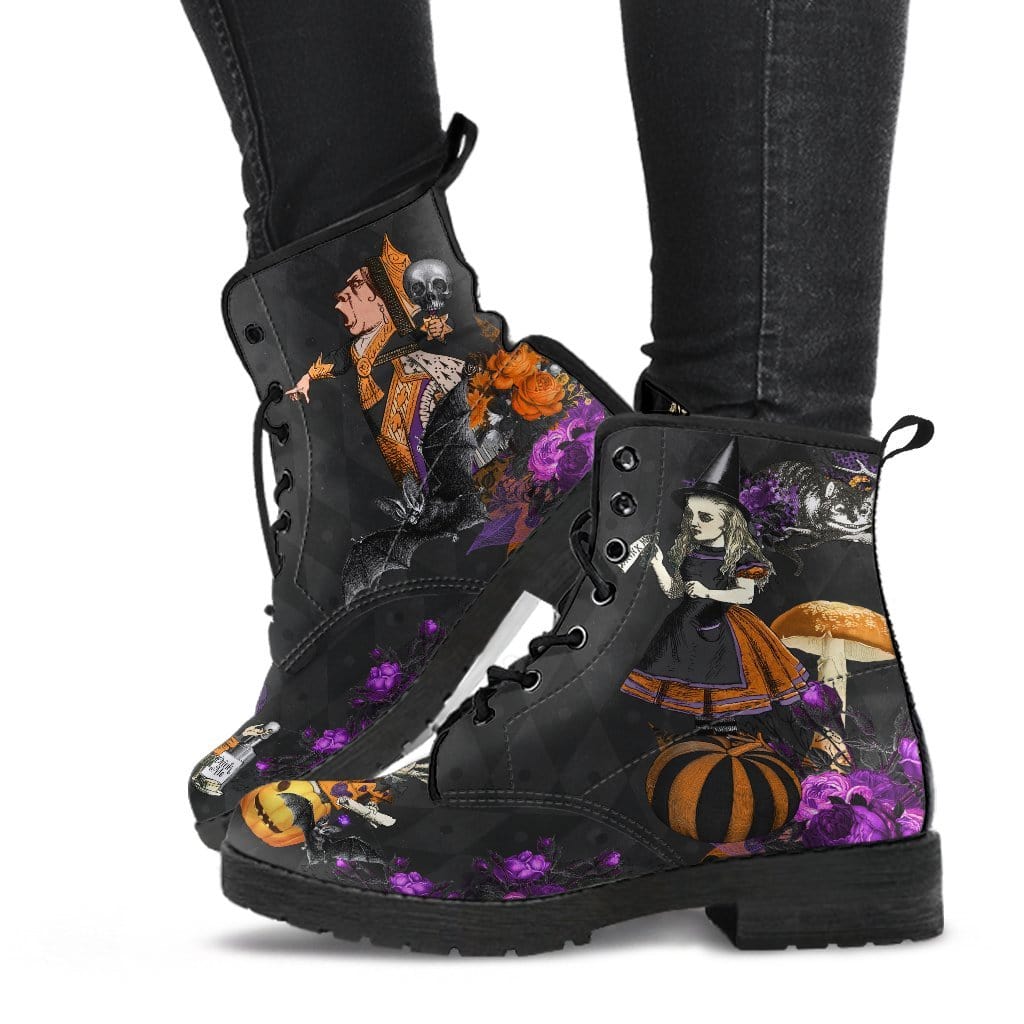gothic woman walking to a Halloween party wearing the Alice in a gothic Halloween Wonderland vegan printed boots