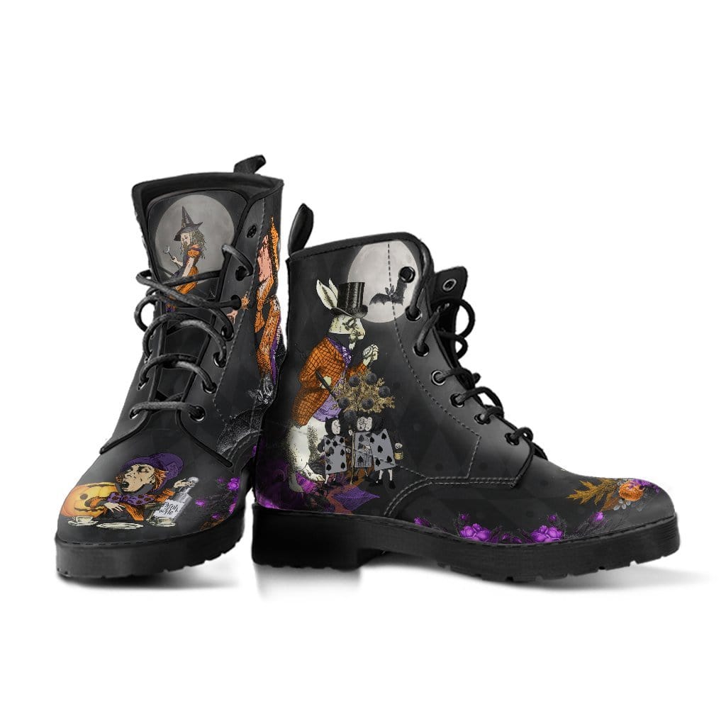 pair of the Alice in a gothic Halloween Wonderland vegan printed boots