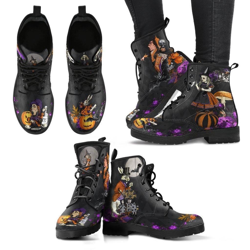 multiple views showing the red black white graphics on the Alice in a gothic Halloween Wonderland vegan printed boots