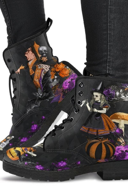 Alice in a gothic Halloween Wonderland vegan printed boots