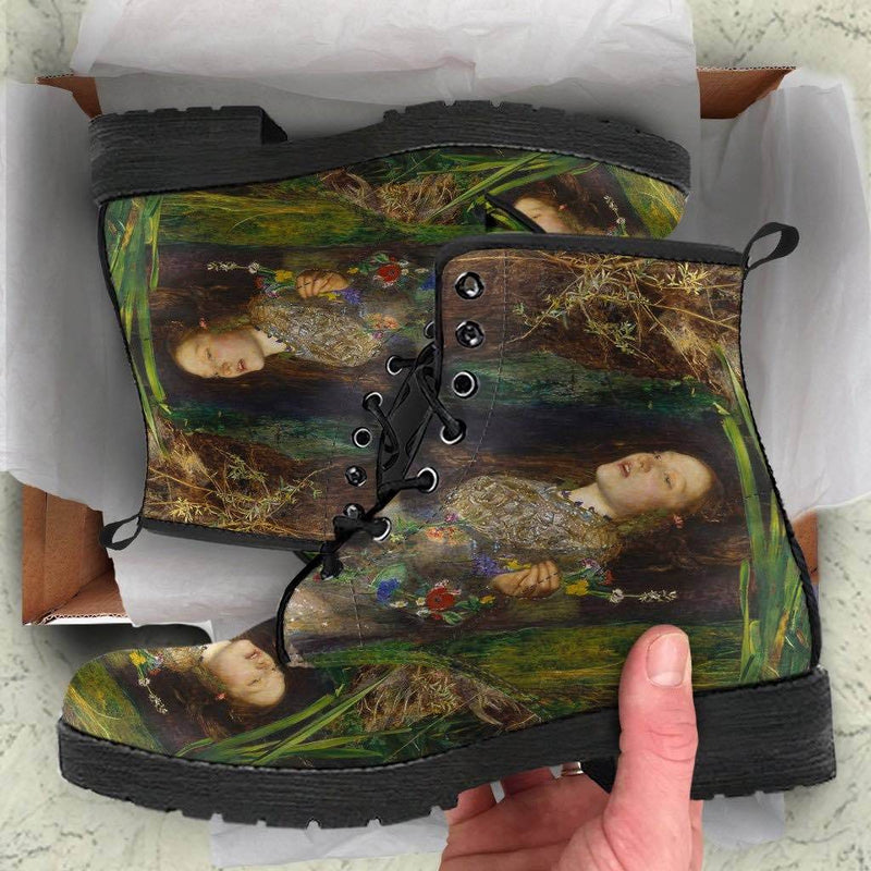receiving the Christmas present of the Ophelia famous pre-raphaelite painting by John Everett Millais on a pair of vegan women's boots