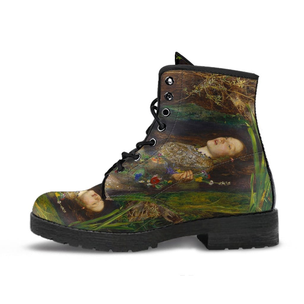 side view of Ophelia famous pre-raphaelite painting by John Everett Millais on a pair of vegan women's boots