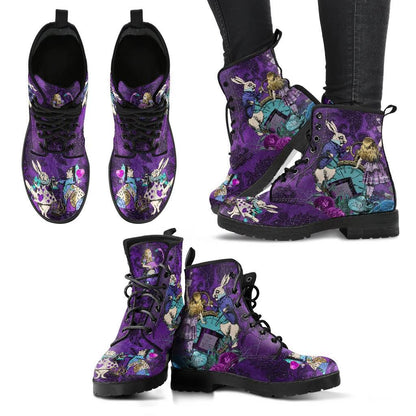 views of the toes, sides and laces of the Turquoise and purple custom printed and made Alice in Wonderland vegan boots