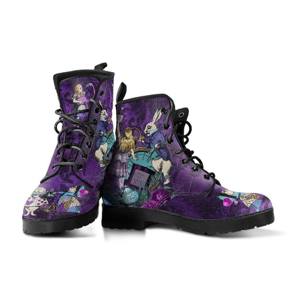 Turquoise and purple feature on this custom printed and made Alice in Wonderland vegan boot style shown here in a pair