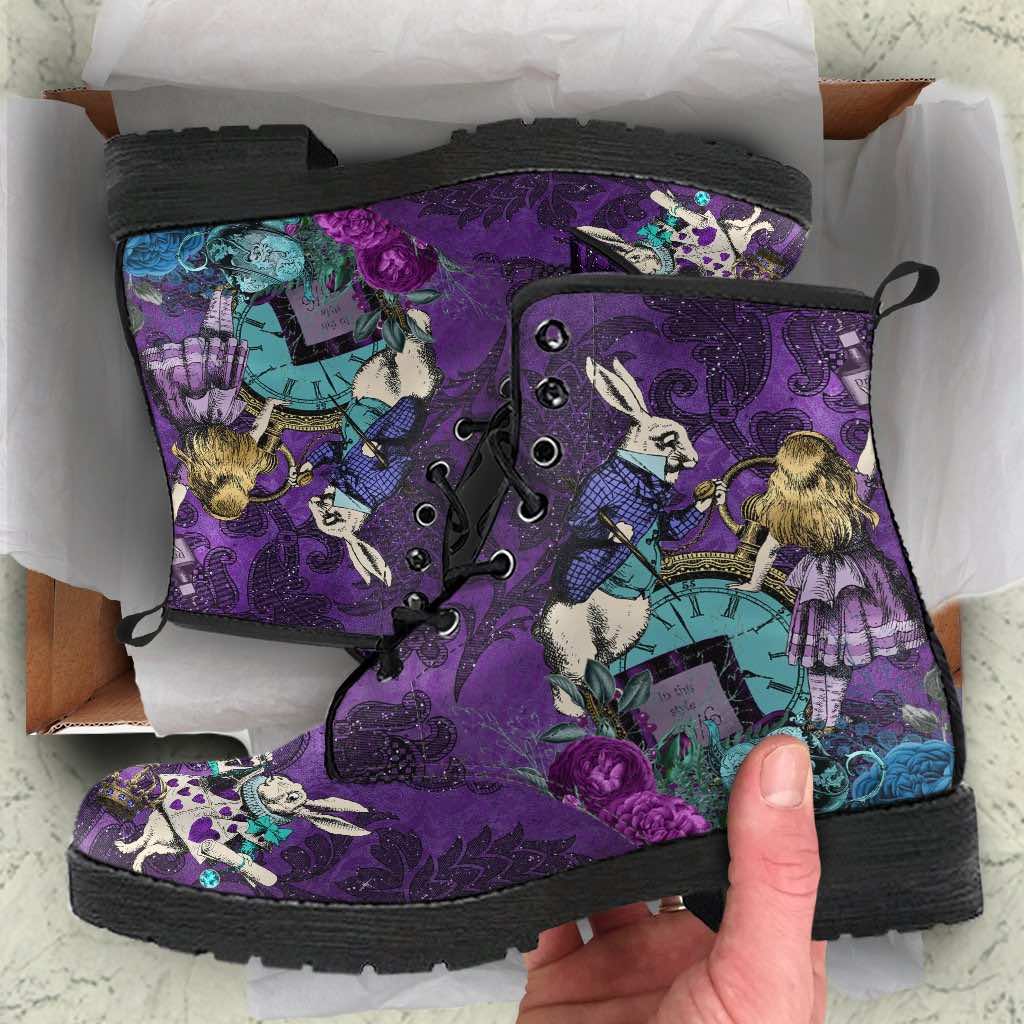 Turquoise and purple feature on this custom printed and made Alice in Wonderland vegan boot style being unboxed