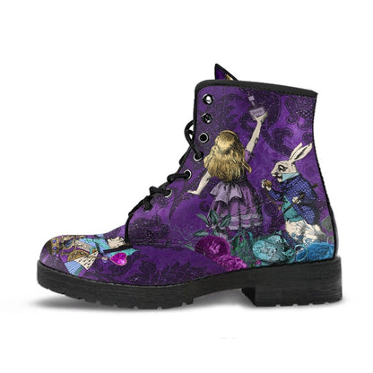 close up side view of the alice in wonderland and white rabbit on purple damask background vegan boots
