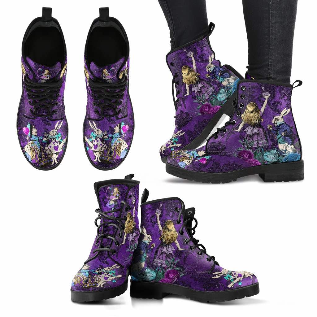 multiple views of the alice in wonderland and white rabbit on purple damask background vegan boots