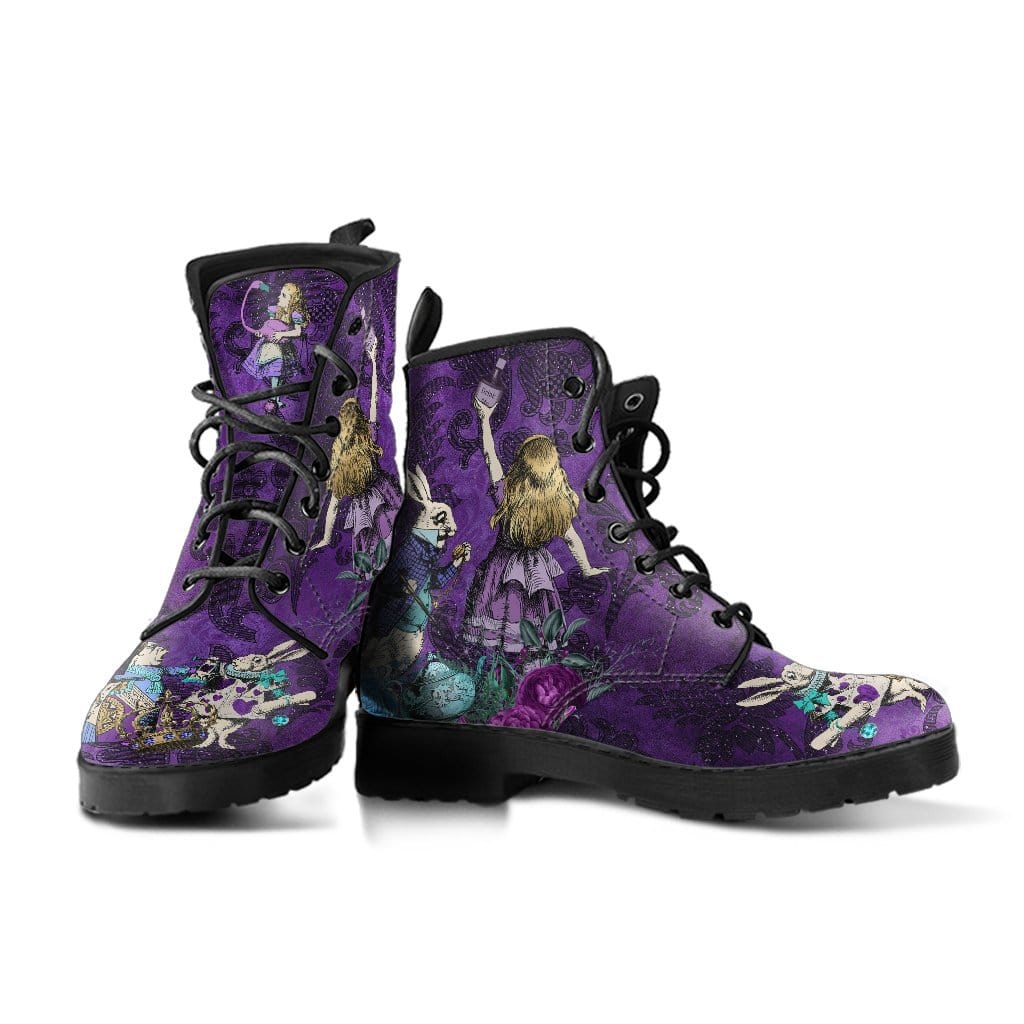 pair of the alice in wonderland and white rabbit on purple damask background vegan boots