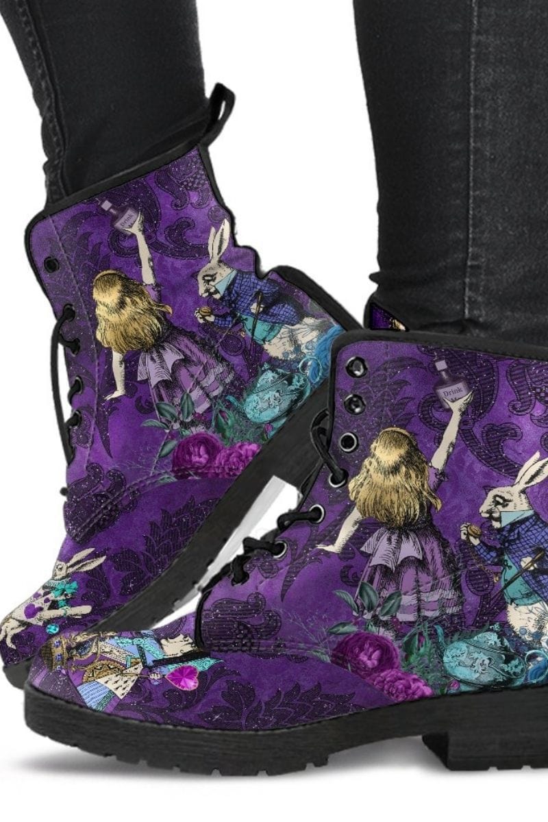 alice in wonderland and white rabbit on purple damask background vegan boots