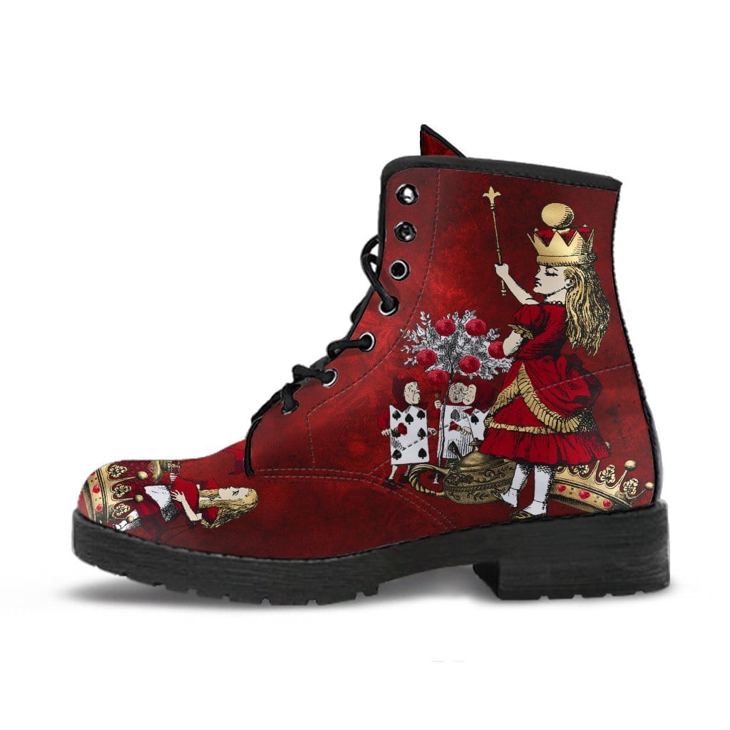 close up on the Alice graphic on the red themed Alice in Wonderland boots