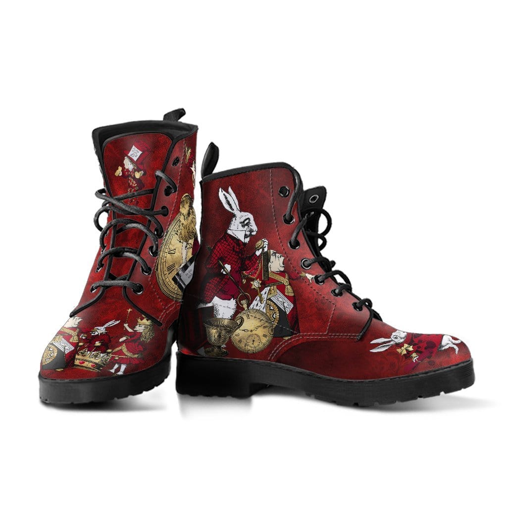 the white rabbit graphic on the red themed Alice in Wonderland boots