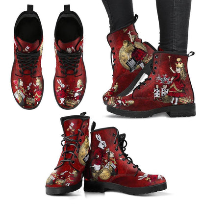 multiple views of the new vegan red themed Alice in Wonderland boots