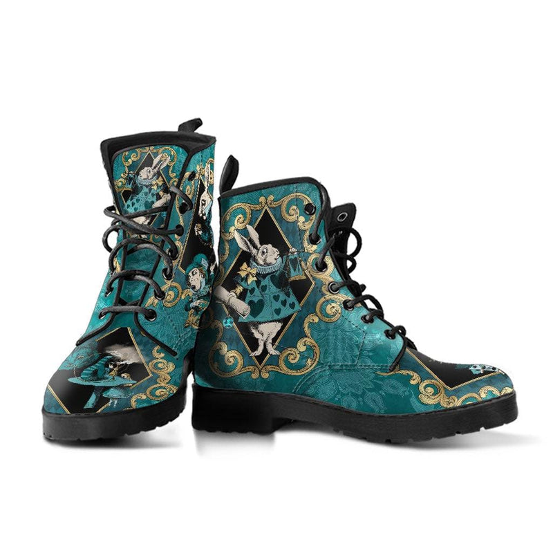 Teal Alice in Wonderland Vegan Women's Boots, FREE Shipping