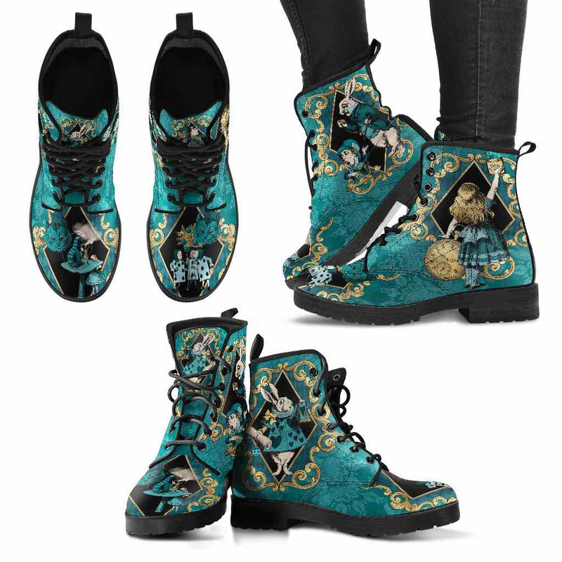 Teal Alice in Wonderland Vegan Women's Boots, FREE Shipping