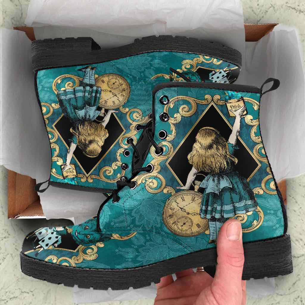 Teal Alice in Wonderland Vegan Women's Boots, FREE Shipping