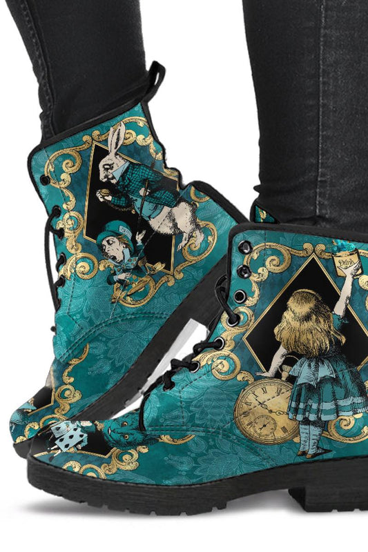 Teal and gold Alice in Wonderland boots by Gallery Serpentine