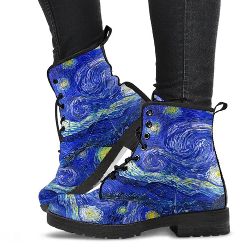 woman walking in the Starry Night Van Gogh vegan combat boots