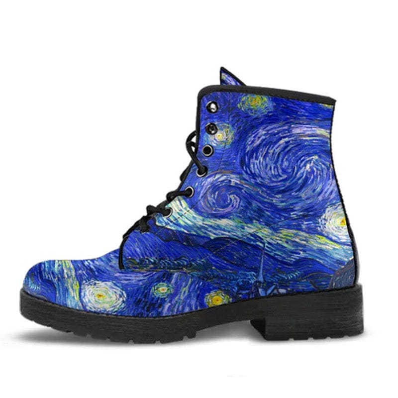 side view of the blue Starry Night Van Gogh vegan combat boots