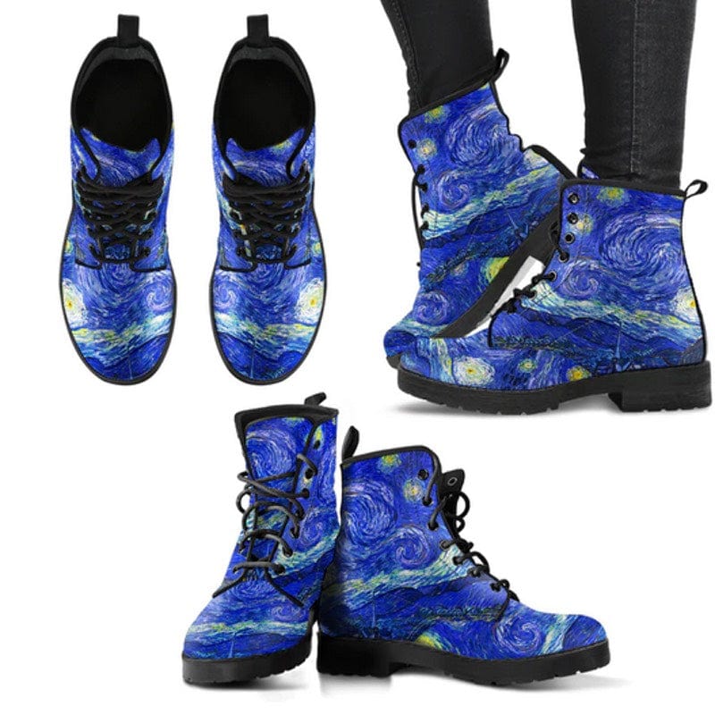 multi view of the Starry Night Van Gogh vegan combat boots