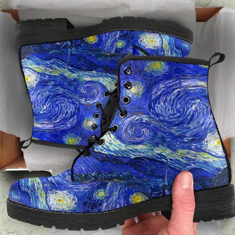 unboxing view of the Starry Night Van Gogh vegan combat boots